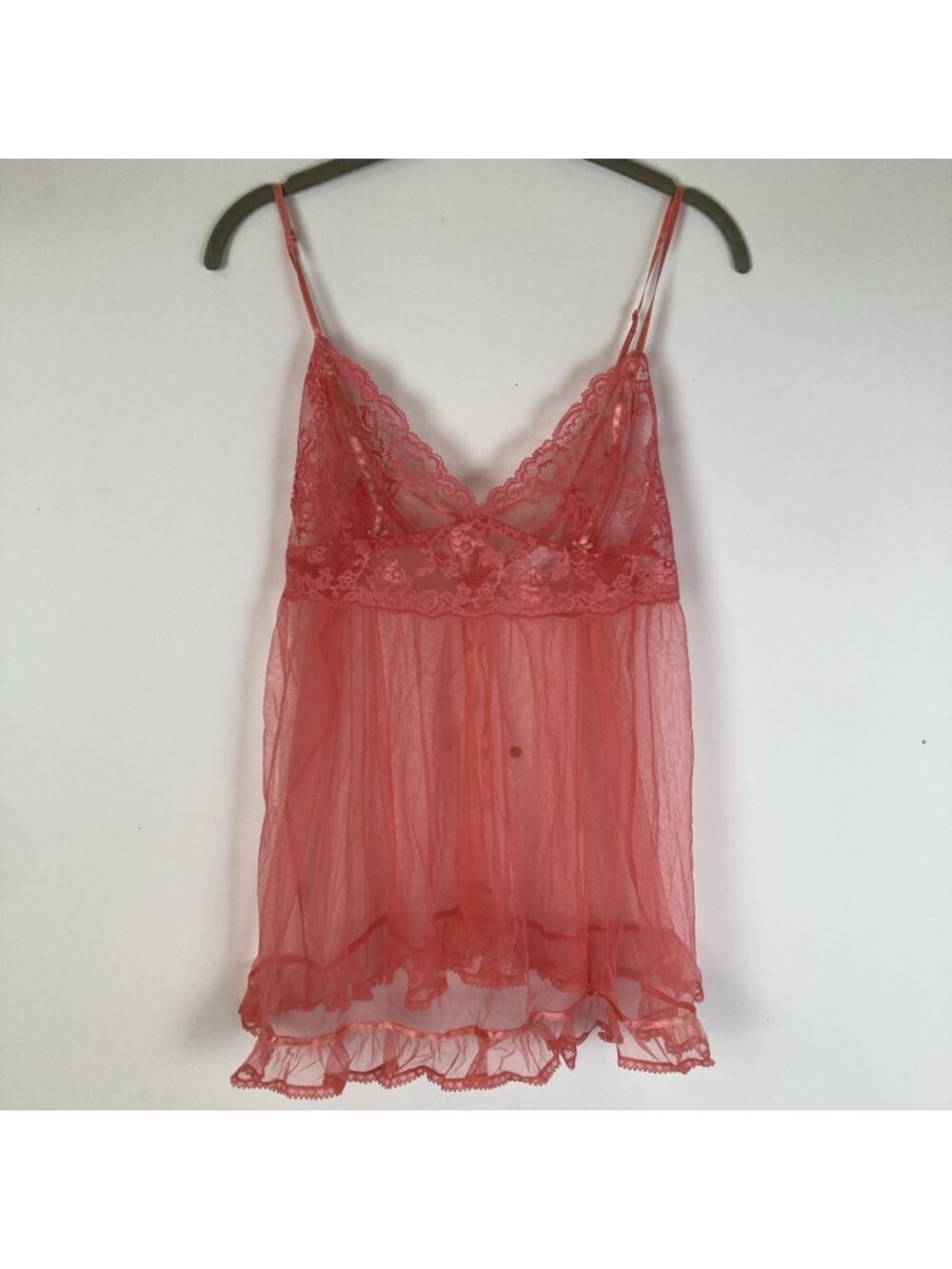 Vintage Y2K Victoria Secret Sheer Lace Floral Cami Size XS Coral Pink Ruffle